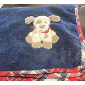 Maison Chic Puppy Dog Baby Blanket Baby Blue 28x30 Lovey Plaid Red Navy Dark‎